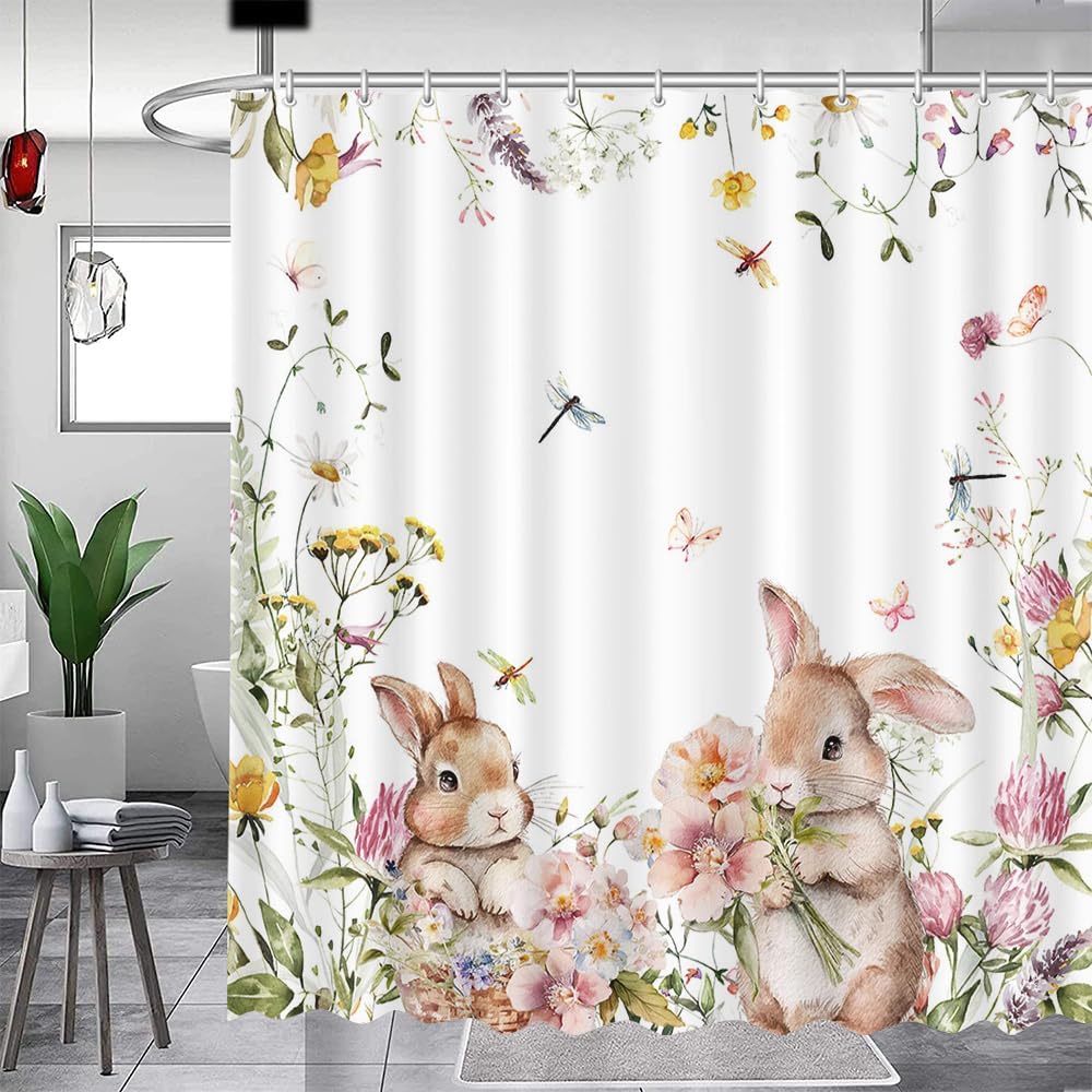 Adorable Easter Bunny Shower Curtain Set 72x72