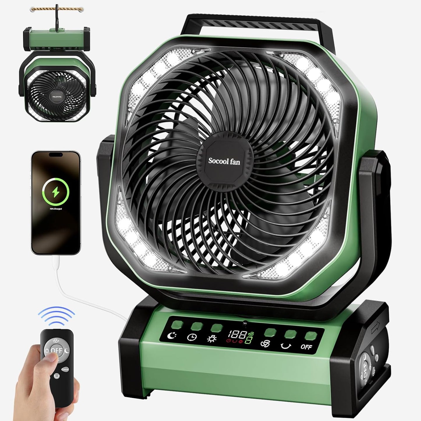 Socool 20000mAh Rechargeable Camping Fan - Remote, 9 Speeds, Timer, 270 Pivot