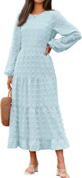 Women's Fall Swiss Dot Tiered Maxi Dress - Flowy A Line Crew Neck