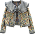 Women's Jacquard Denim Jacket with Peter Pan Collar - Vintage Style