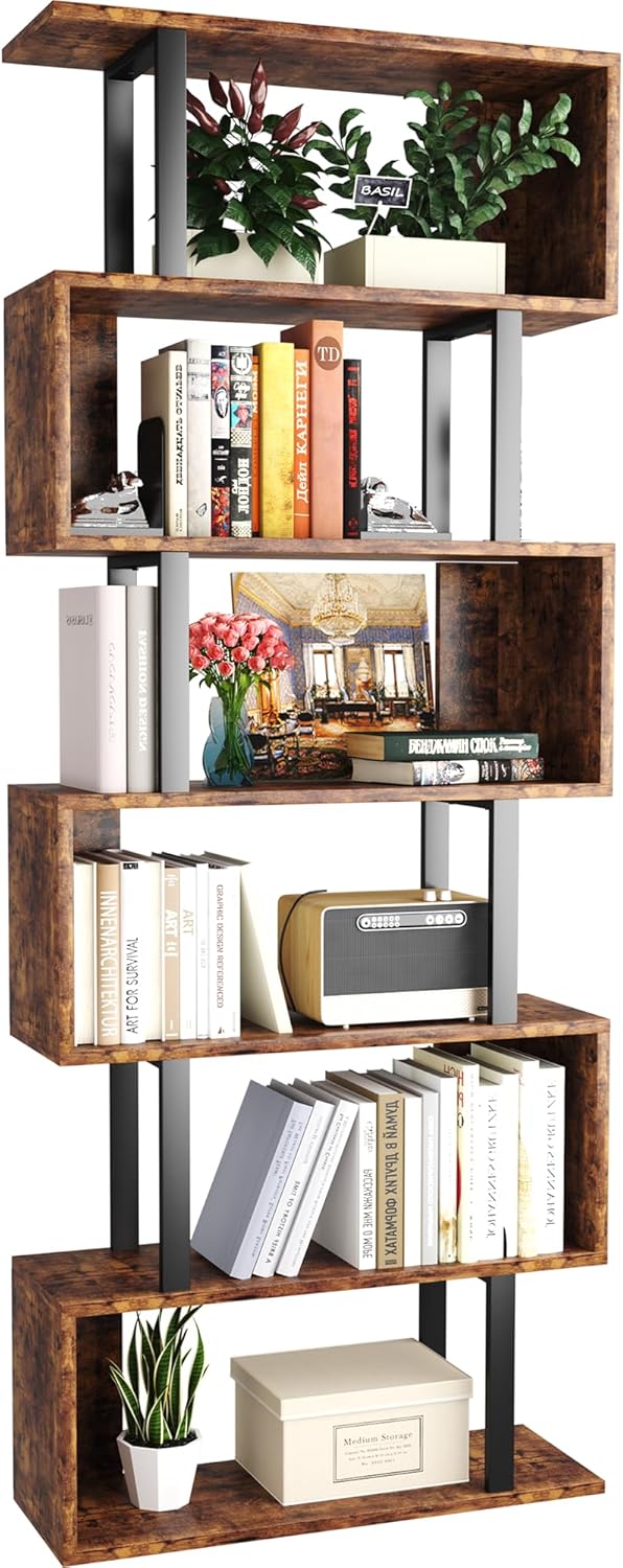 Yusong Geometric Bookcase - Modern S Shaped 6-Tier Bookshelf