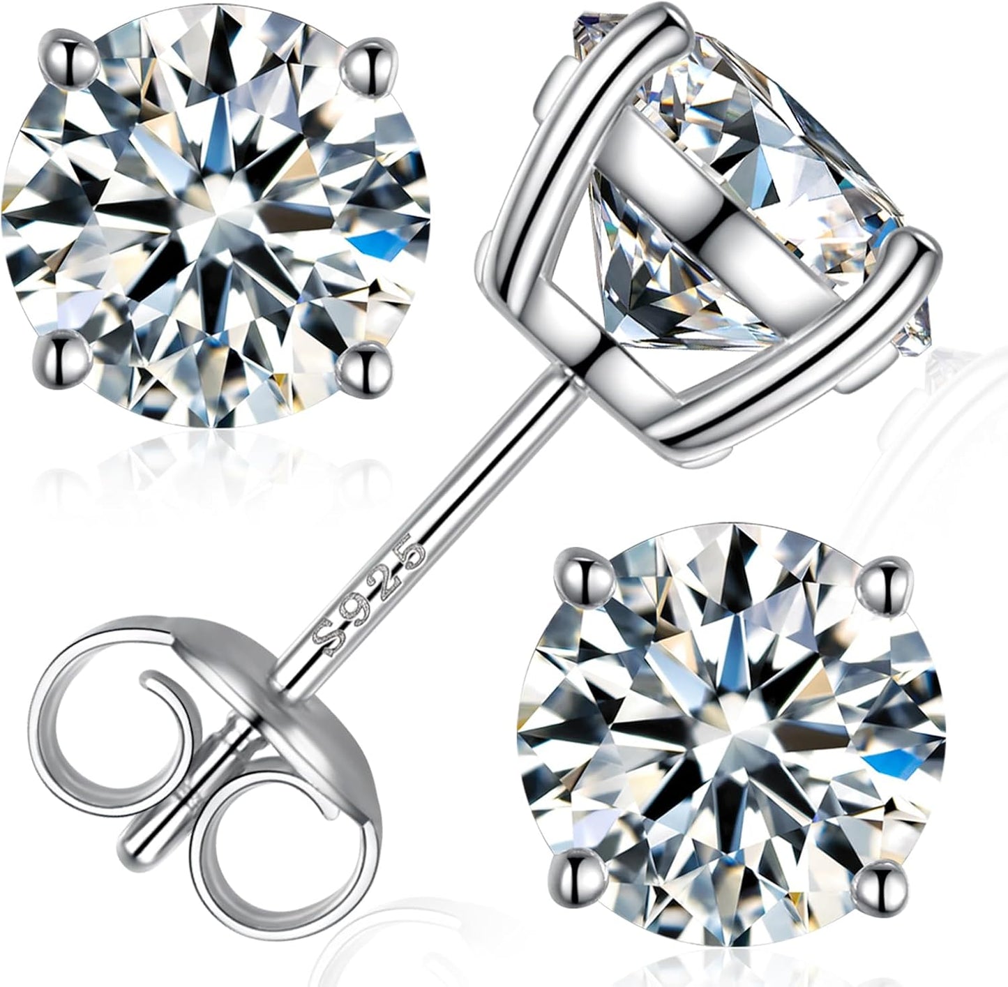 Moissanite Stud Earrings in 18K White Gold Plated Silver
