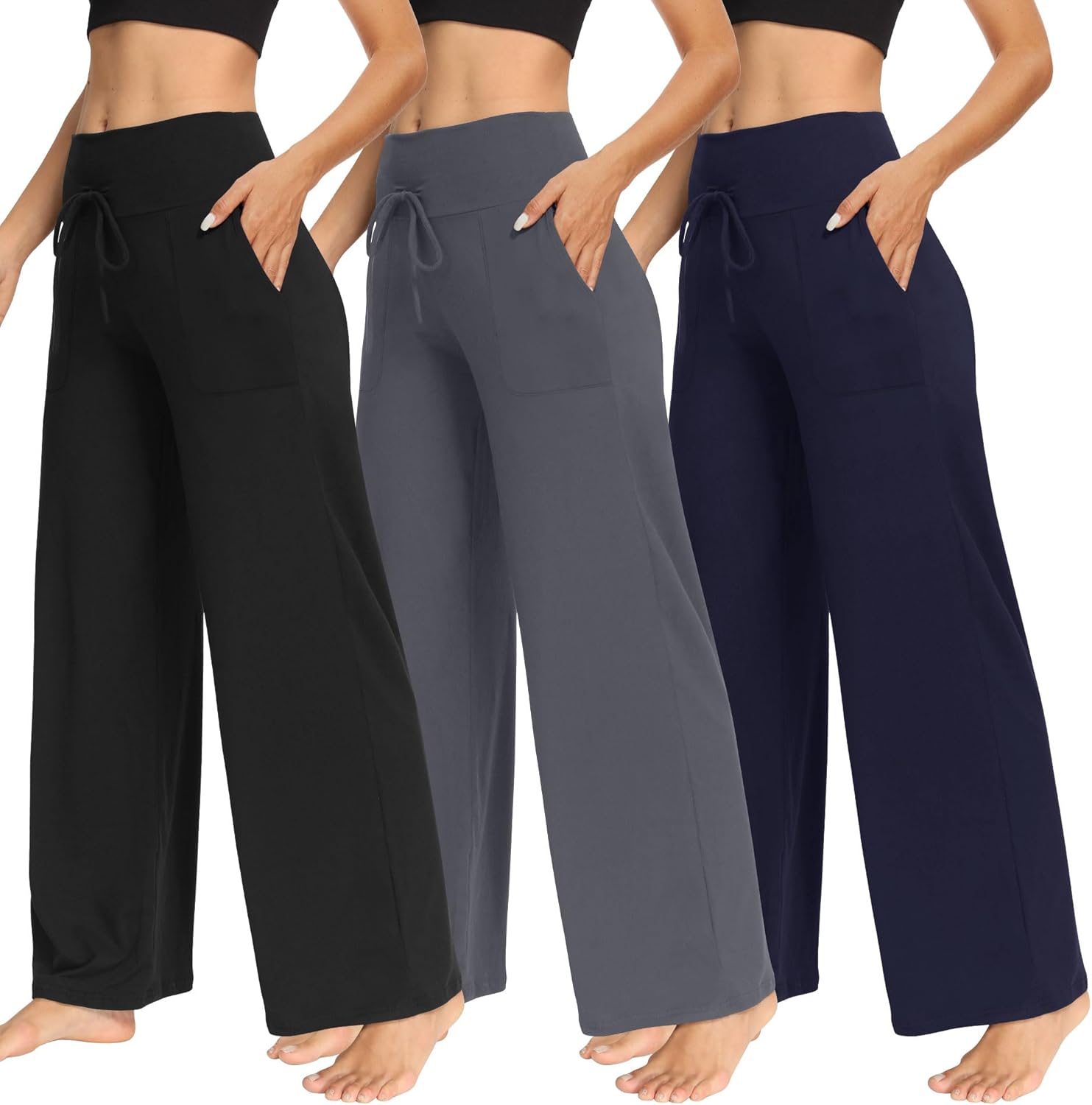 TNNZEET Women's Wide Leg Pants - Casual Yoga Trouser 3 Pack