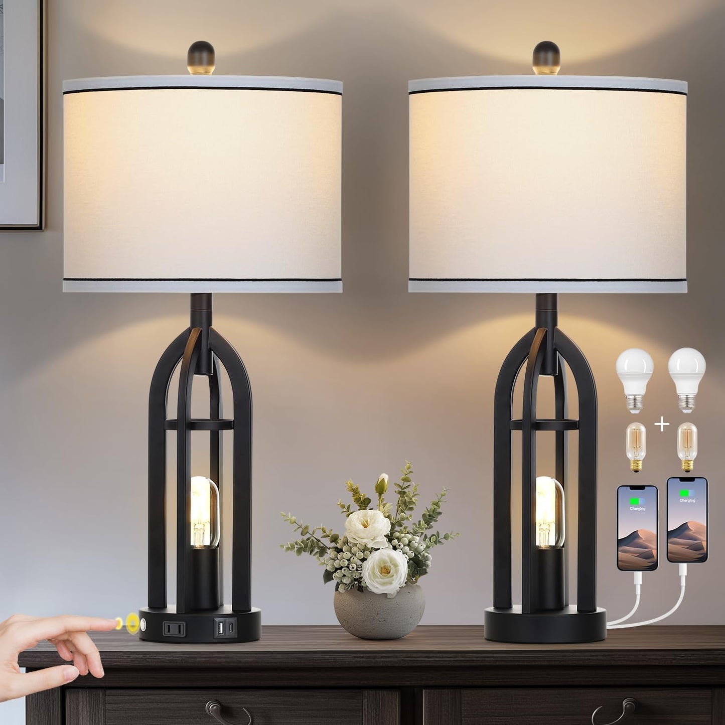 27 in Black Table Lamp Set of 2 with USB and AC Outlet