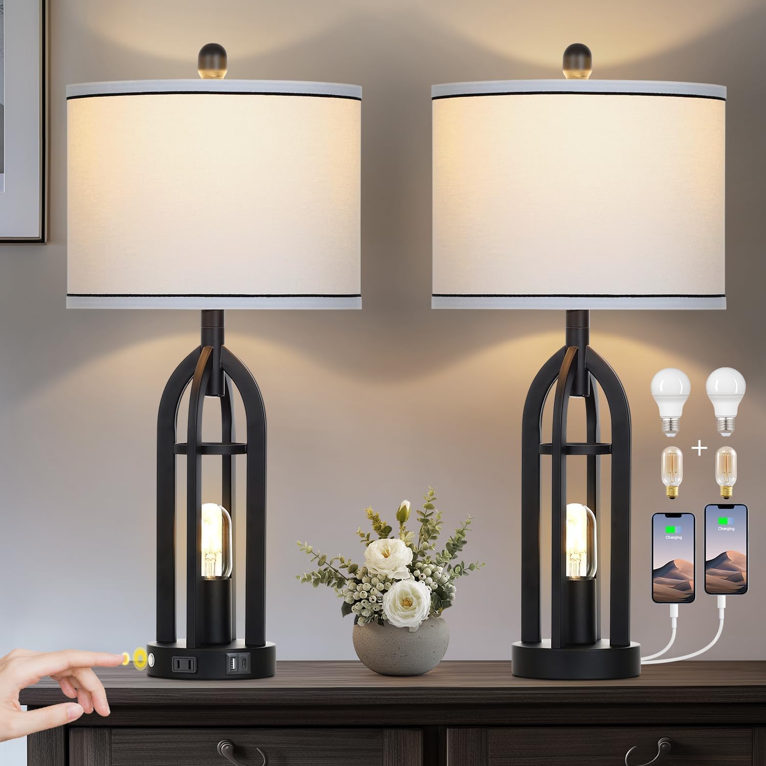 27 in Black Table Lamp Set of 2 with USB and AC Outlet