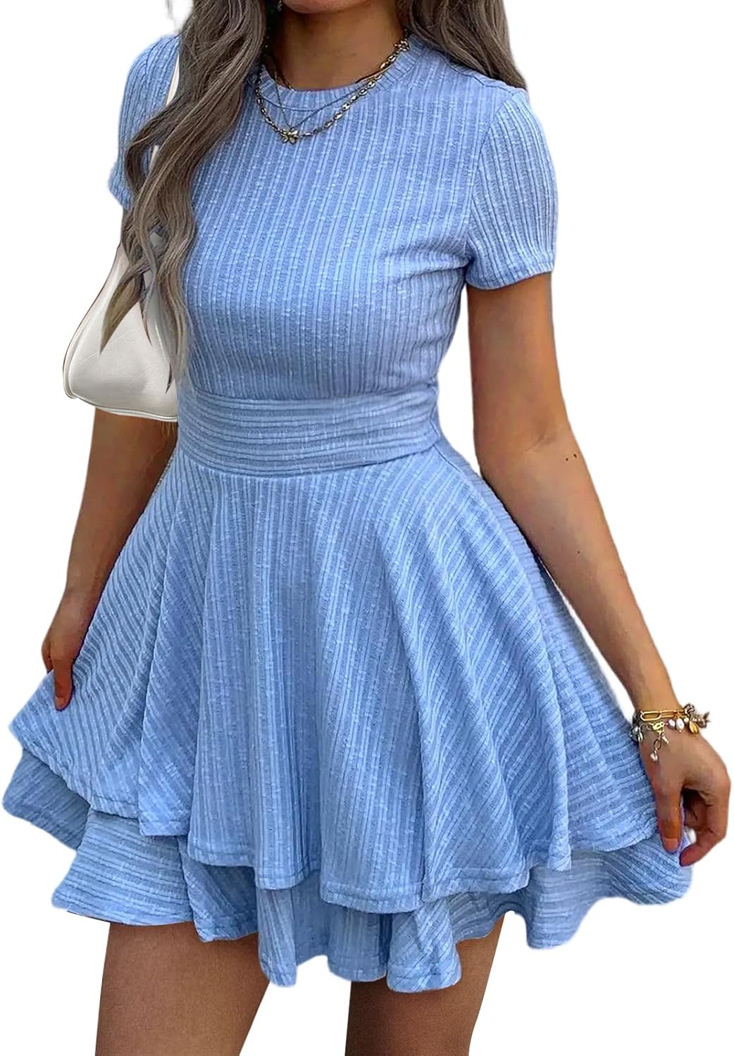Womens Summer Mini Dresses Short Sleeve Casual Crewneck Style