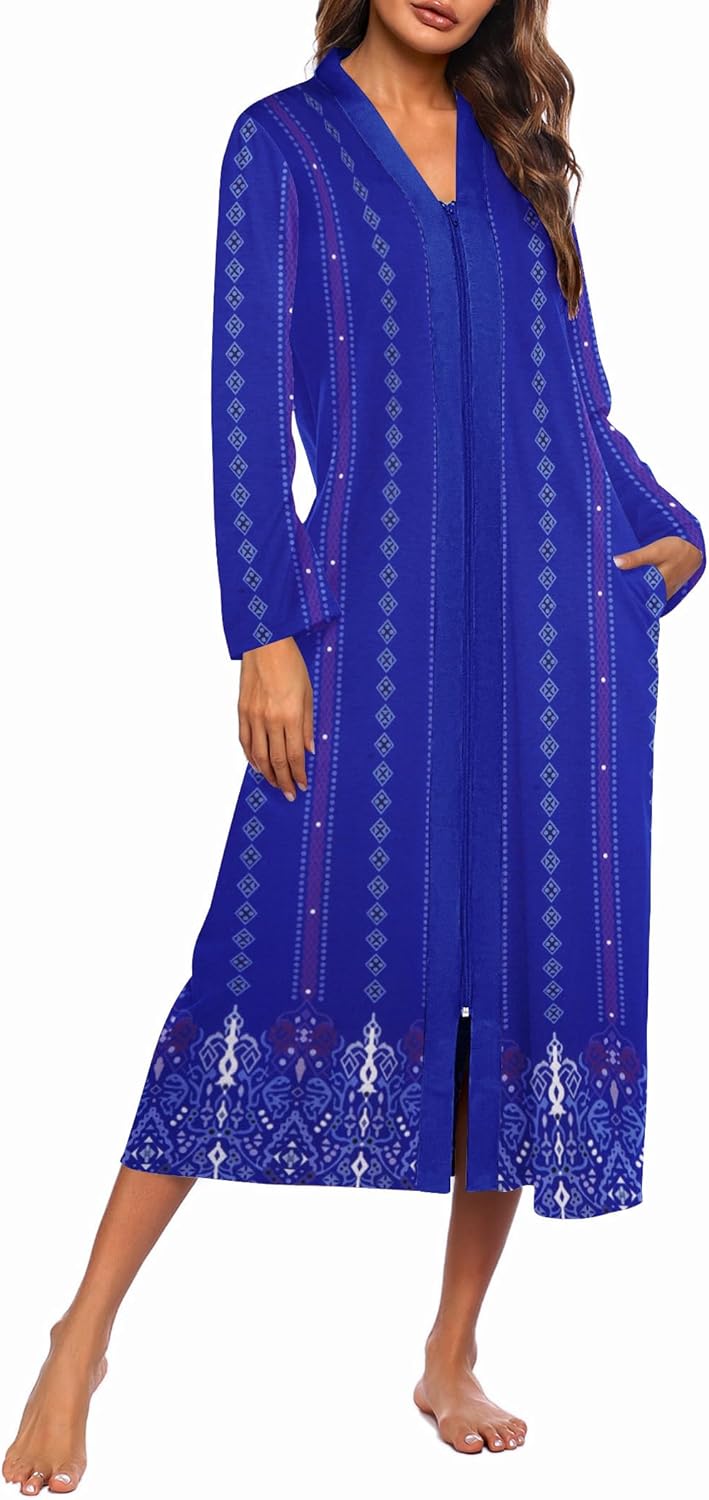 Ekouaer Women Zipper Robe Long Sleeve Lightweight Housecoat
