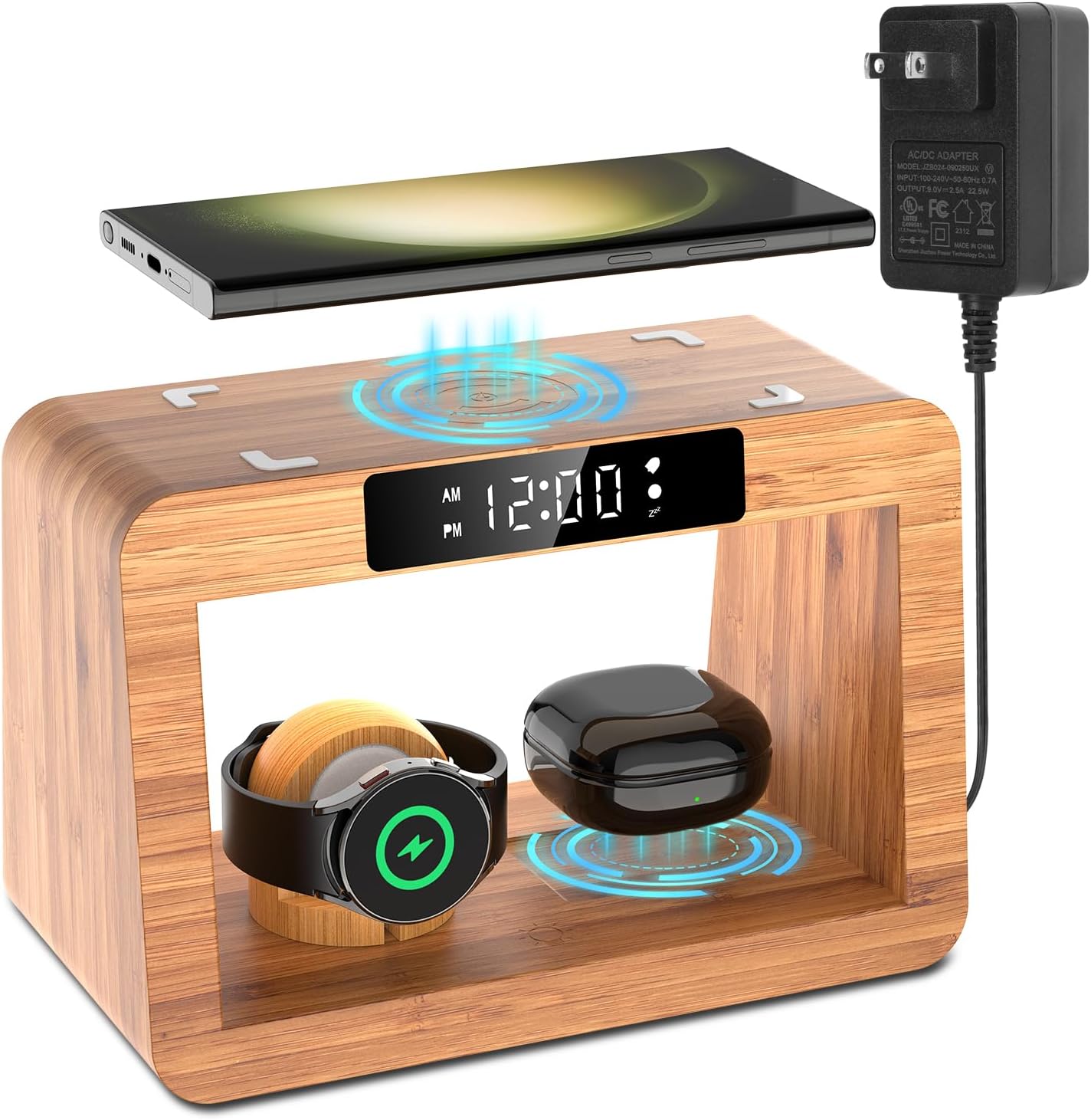 Bamboo Wireless Charger Station for Samsung Devices with Clock