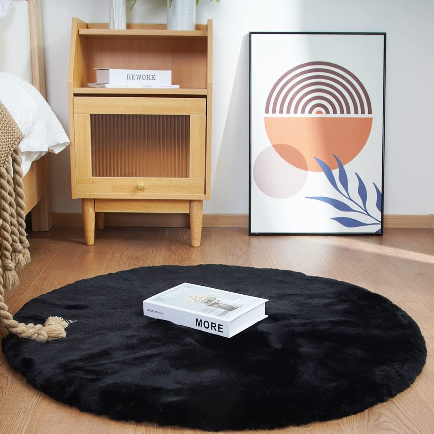Faux Rabbit Fur Round Rug 4ft Black Fluffy Area Rug for Home