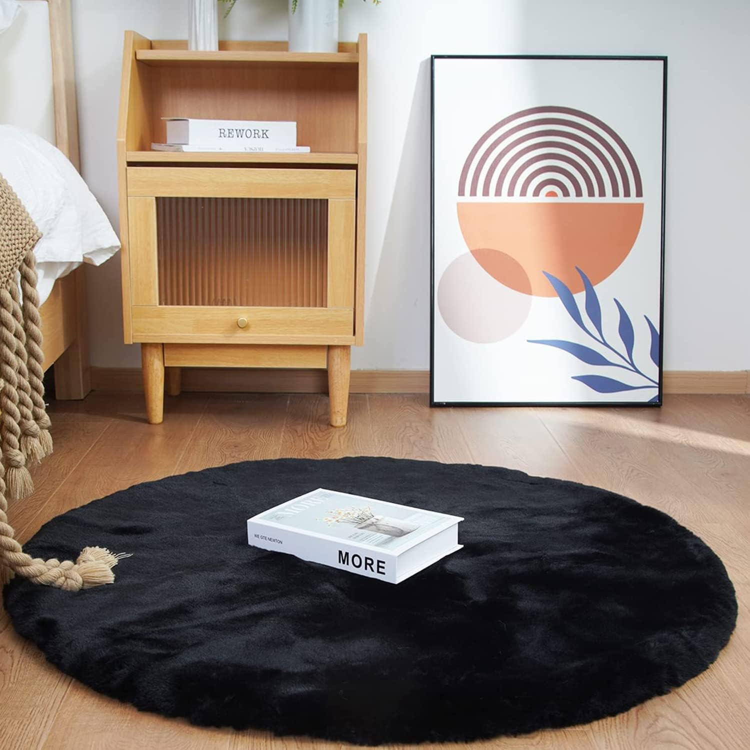 Faux Rabbit Fur Round Rug 4ft Black Fluffy Area Rug for Home