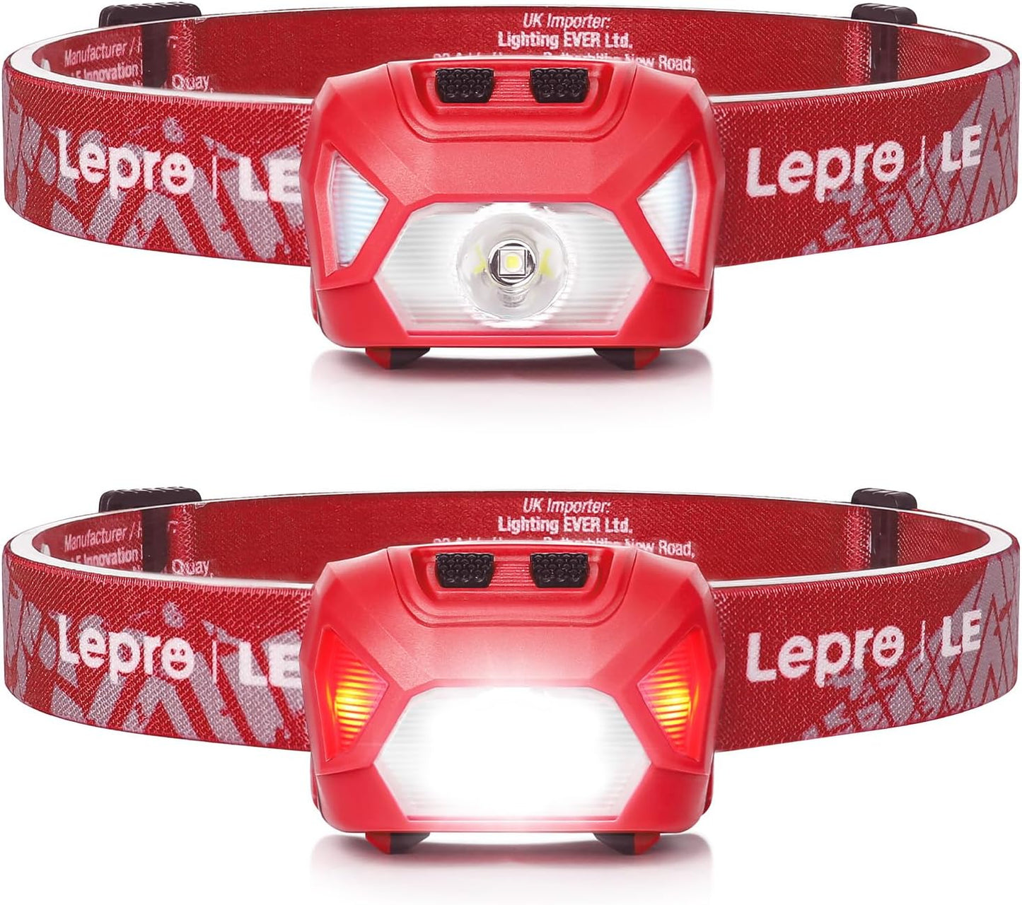 Lepro 320015 Super Bright Headlamp -1300Lux LED, Waterproof for Camping & Emergency - Red