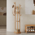 Solid Wood Rotary Coat Rack with Shelves and 9 Hooks - Space Saving