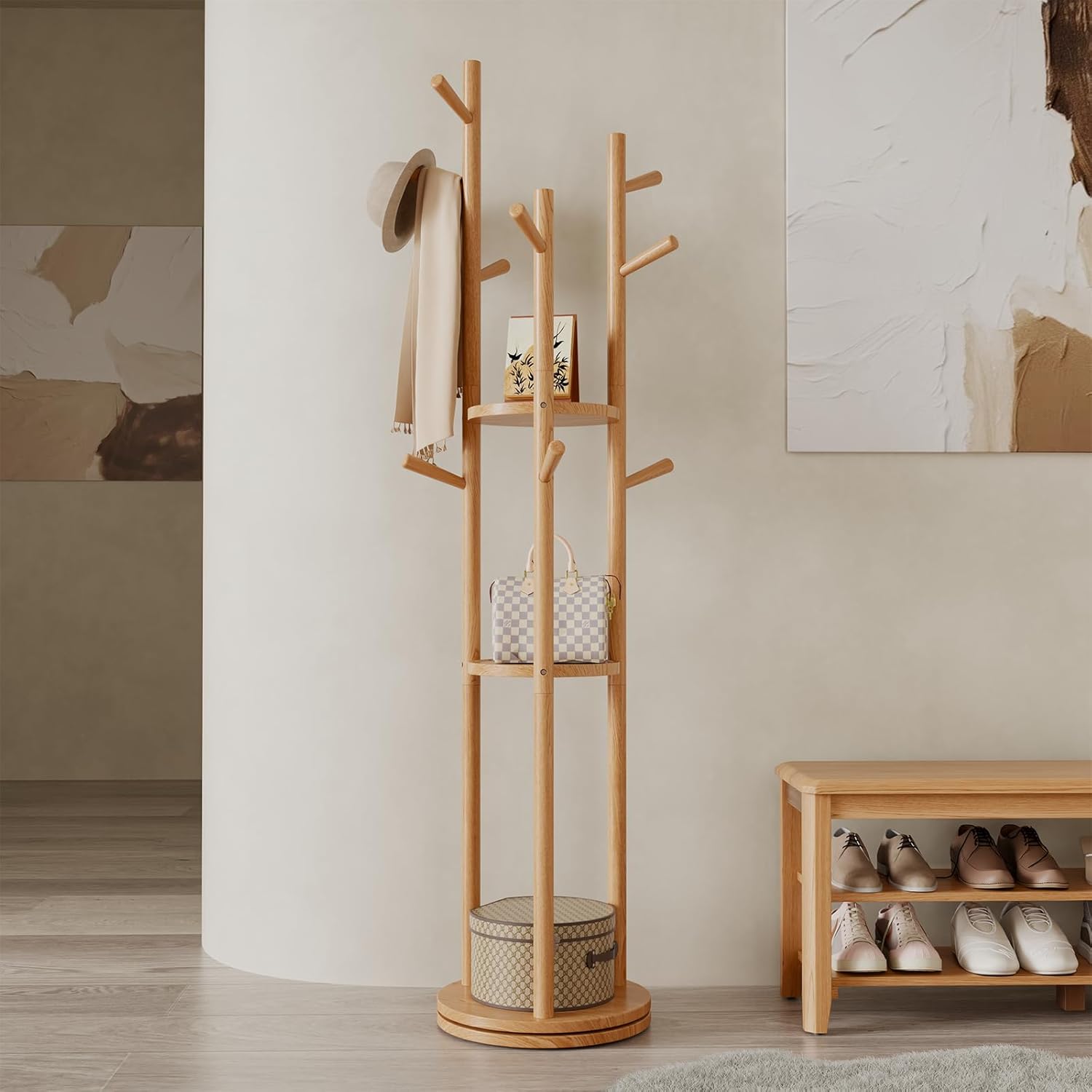 Solid Wood Rotary Coat Rack with 3 Shelves and 9 Hooks