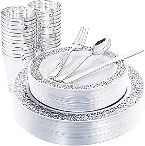 WDF 25Guest Silver Plastic Plates & Silverware for Events