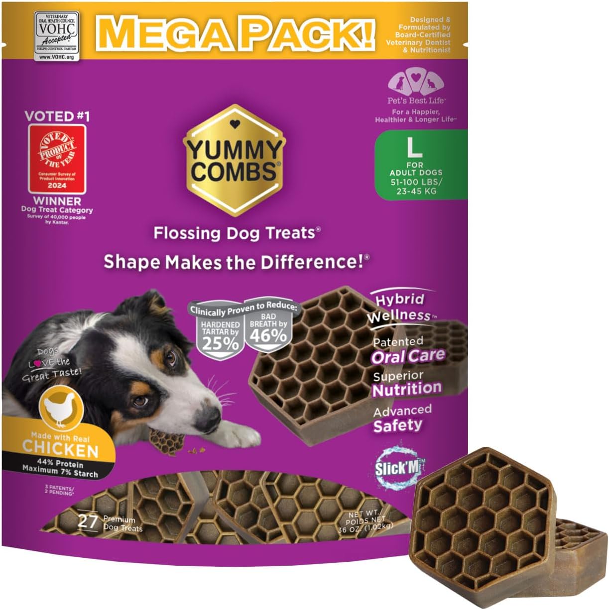 Yummy Combs Dog Dental Treats for Large Dogs with Chicken Protein
