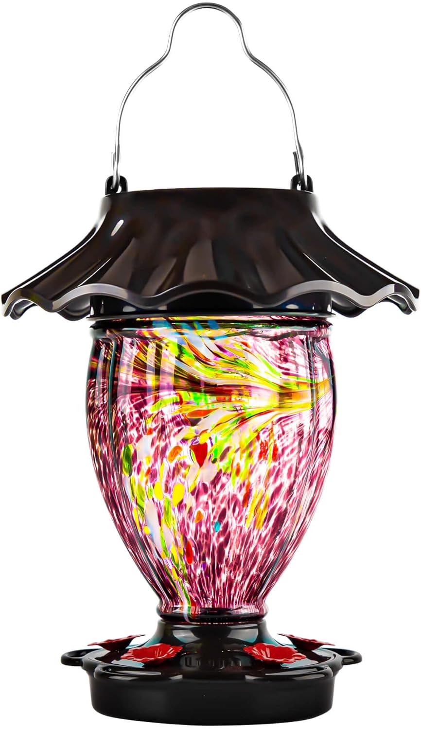 Solar Powered Hummingbird Feeder with Hand Blown Glass Design