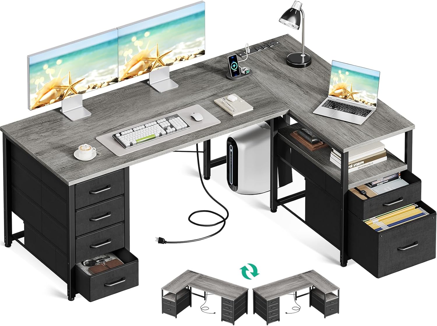 Coleshome L Shaped Computer Desk with Drawers & Power Outlet