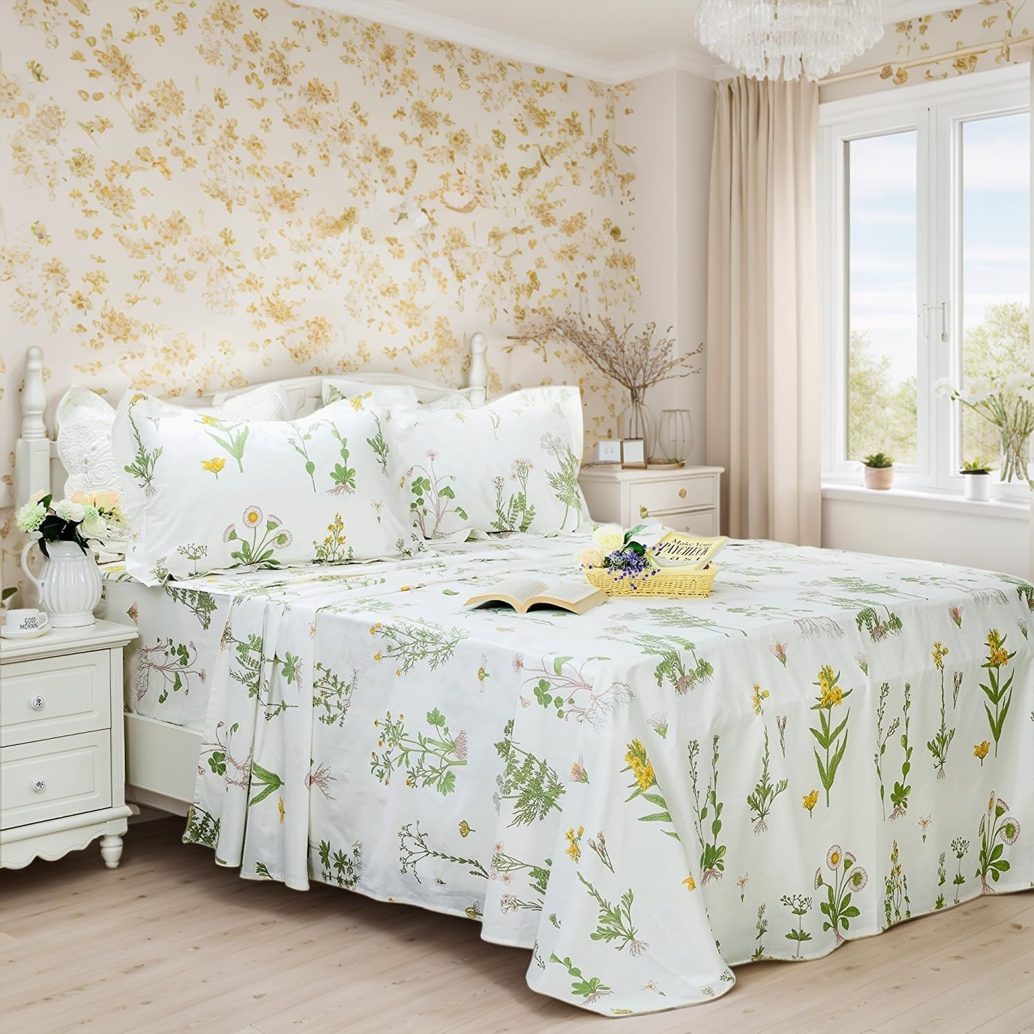 FADFAY 100% Cotton Twin XL Bed Sheet Set - Green Floral Design