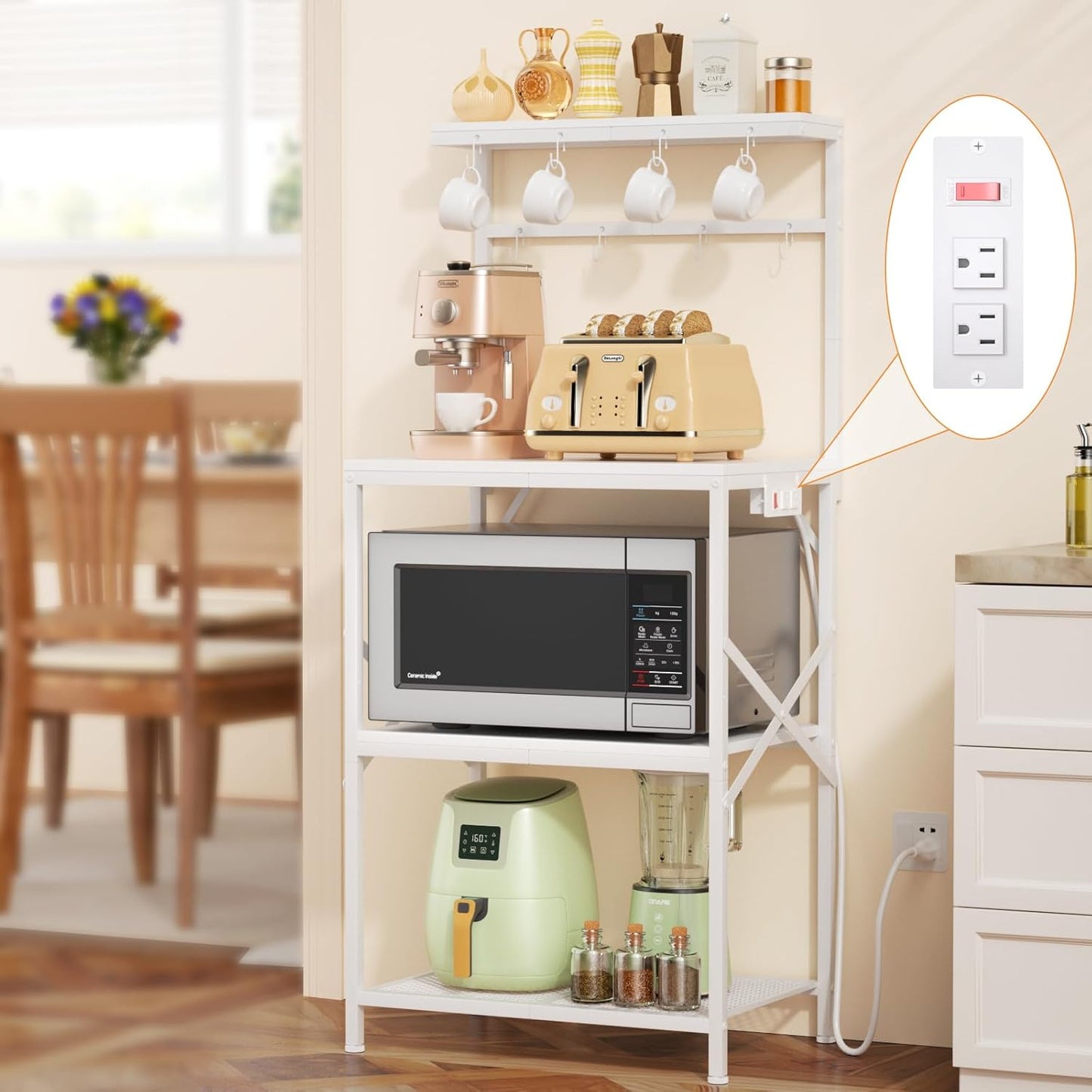 Kitchen Bakers Rack with Power Outlet and 4 Tiers for Storage