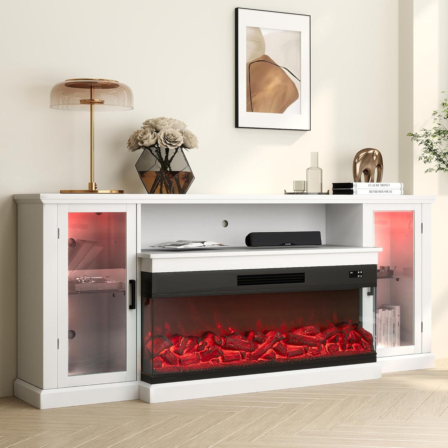 72.8'' Electric Fireplace TV Stand: 12 Flame Colors, Storage, White