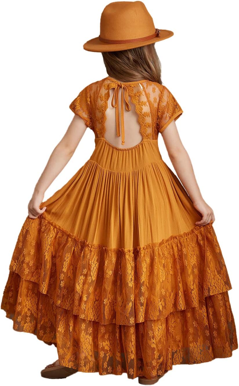 BIBIHOU Girls Lace Back Full-Length Tulle Party Dress