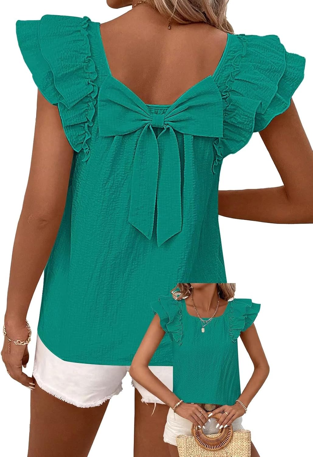 Womens Bow Tie Back Tops Ruffle Short Sleeve Chiffon Tee