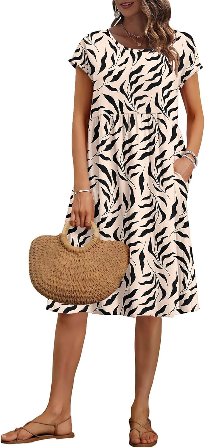 AUSELILY Women's Summer Short Sleeve Knee-Length Dress with Pockets