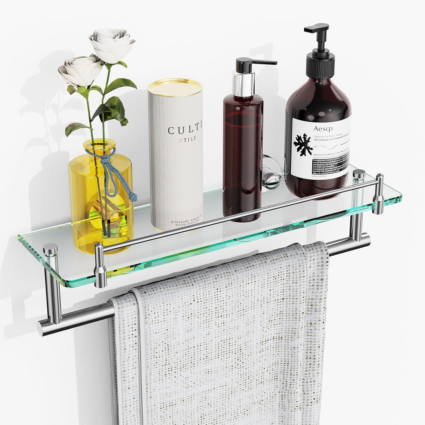 16-Inch Floating Tempered Glass Bathroom Shelf with Towel Bar