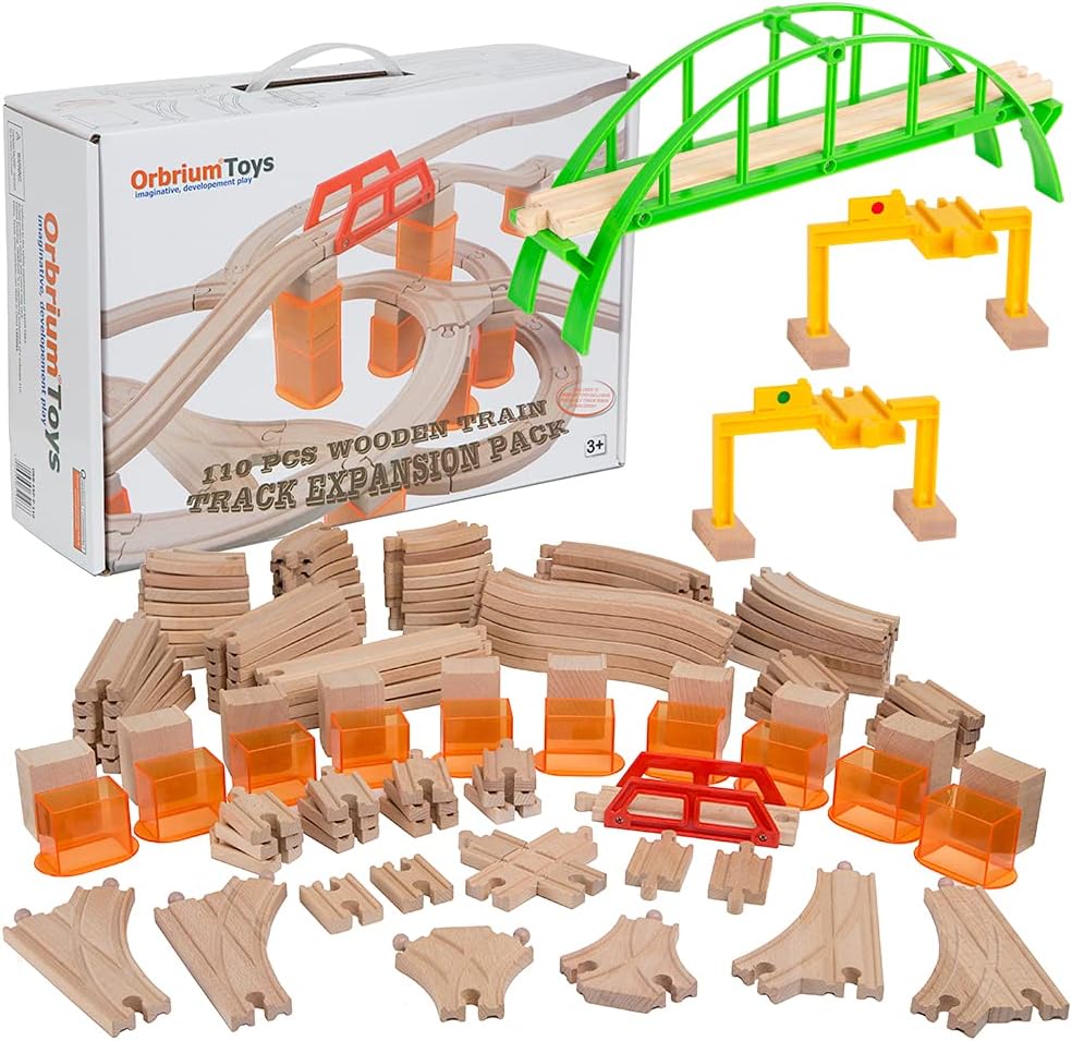 Orbrium 110 Pcs Wooden Train Track Expansion Pack with Bridges