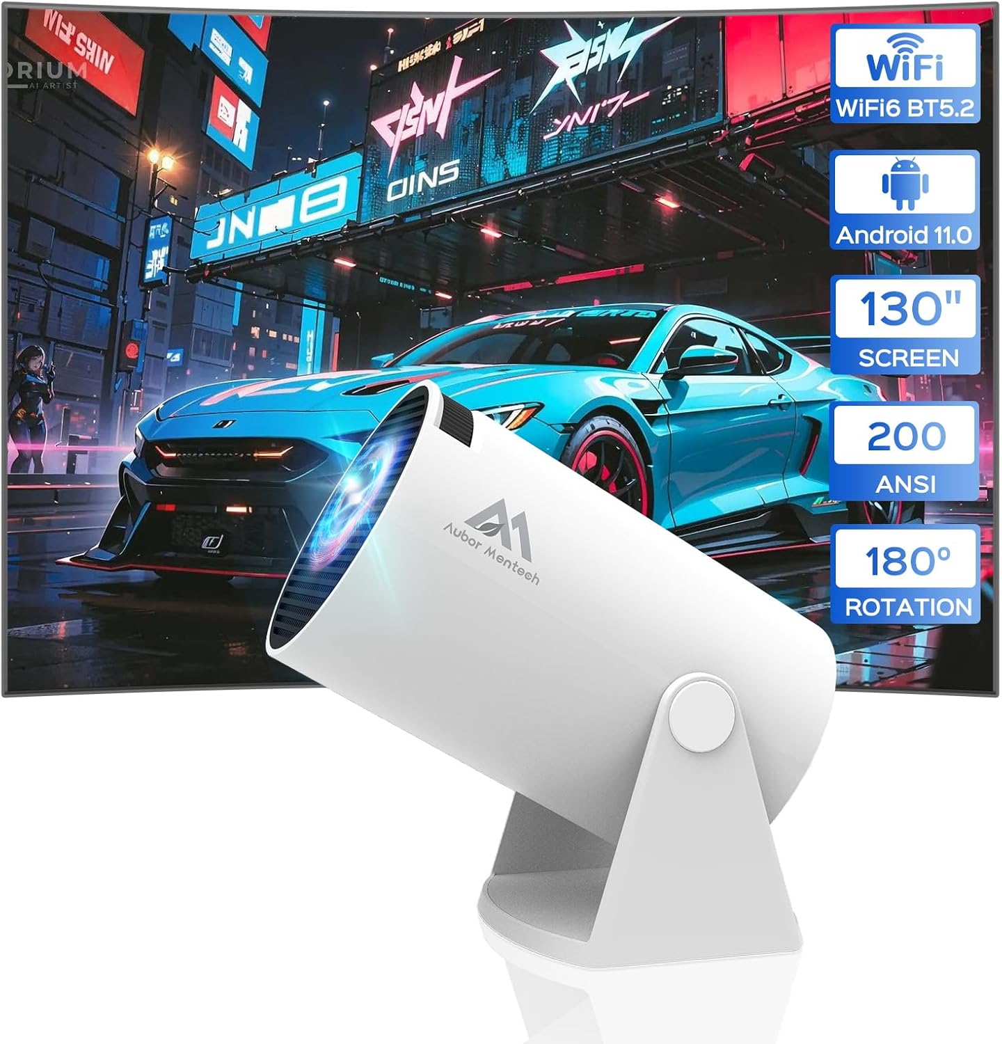 Portable 1080P Mini Projector: Smart Android TV, Short Throw, 130 Screen