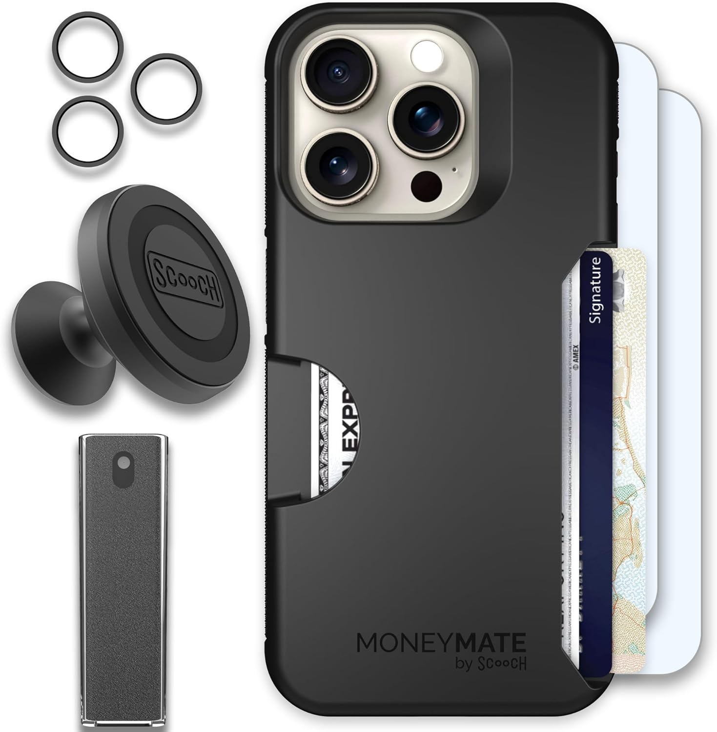 Scooch iPhone 15 Pro Case with Card Holder and Accessories
