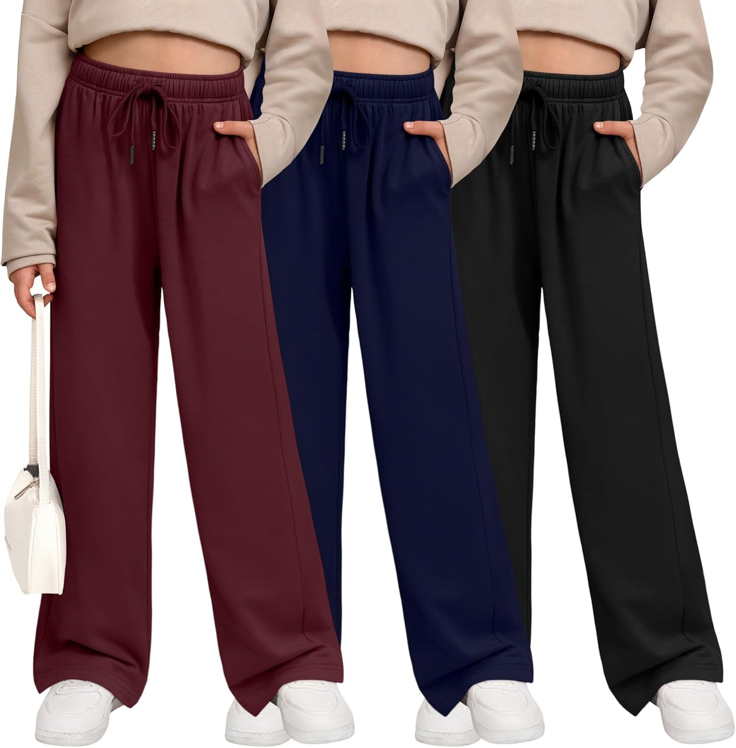 Stylish Wide Leg Girls' Sweatpants with Pockets - 3 Pack