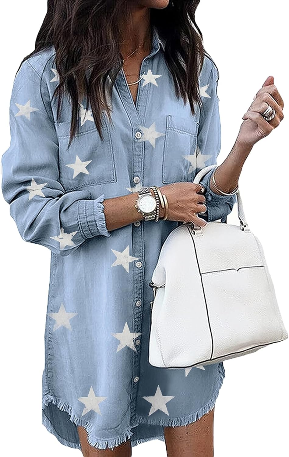Zilcremo Women Denim Shirt Dress: Casual Long Sleeve Tunic