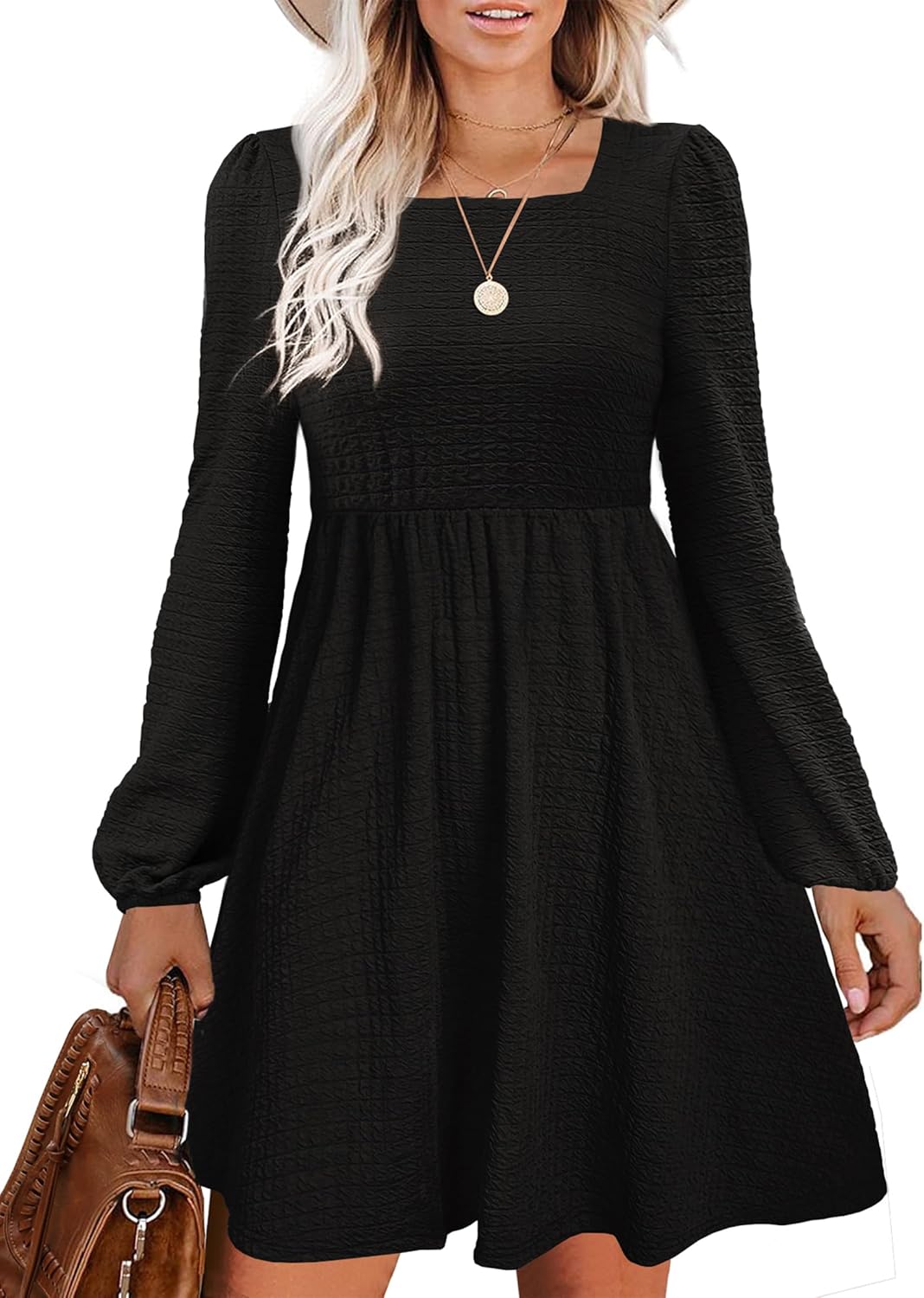Womens Babydoll Dresses Square Neck Long Sleeve Flowy Style