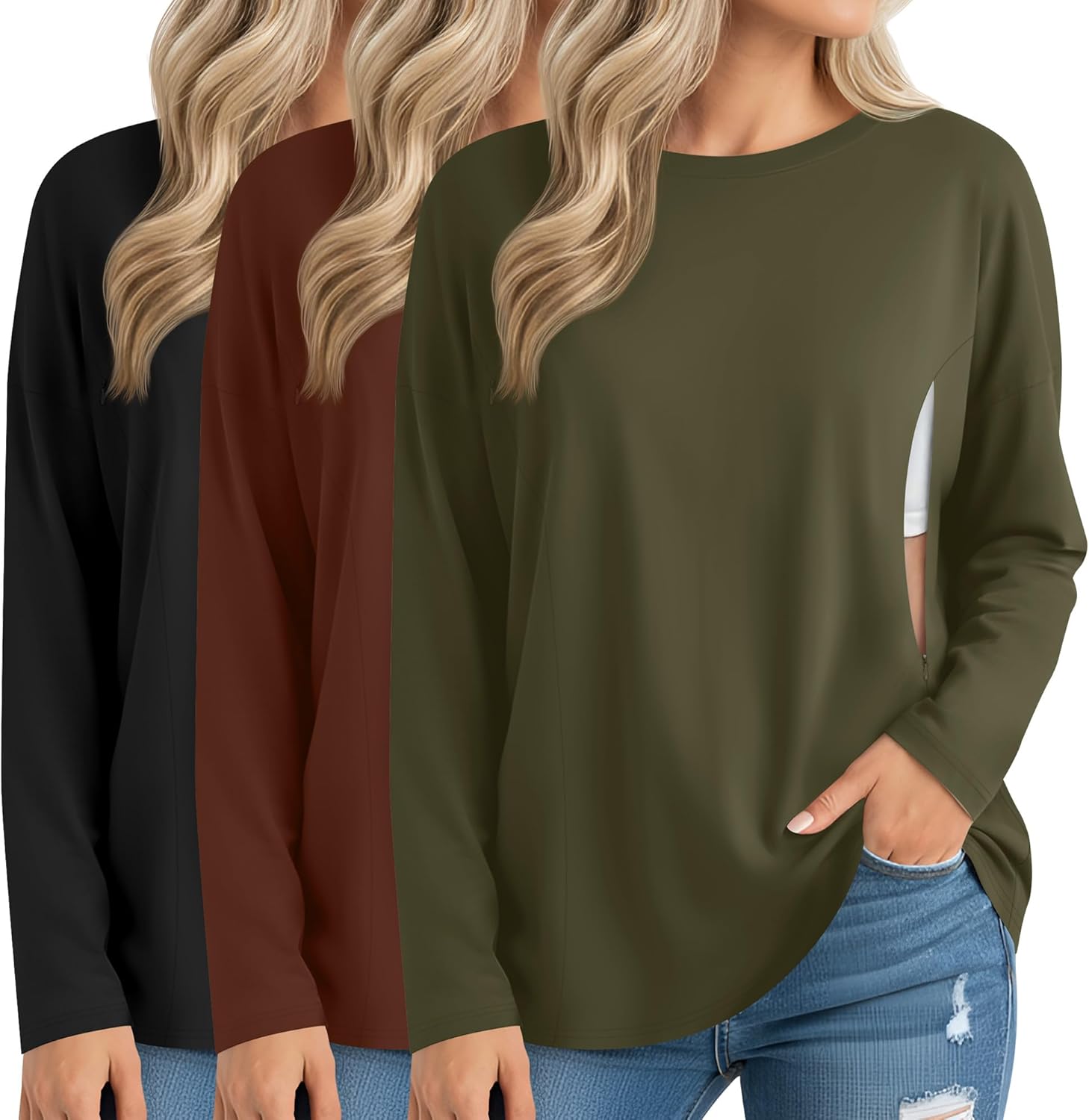 3 Pack Women's Nursing Tops with Hidden Zipper for Comfort