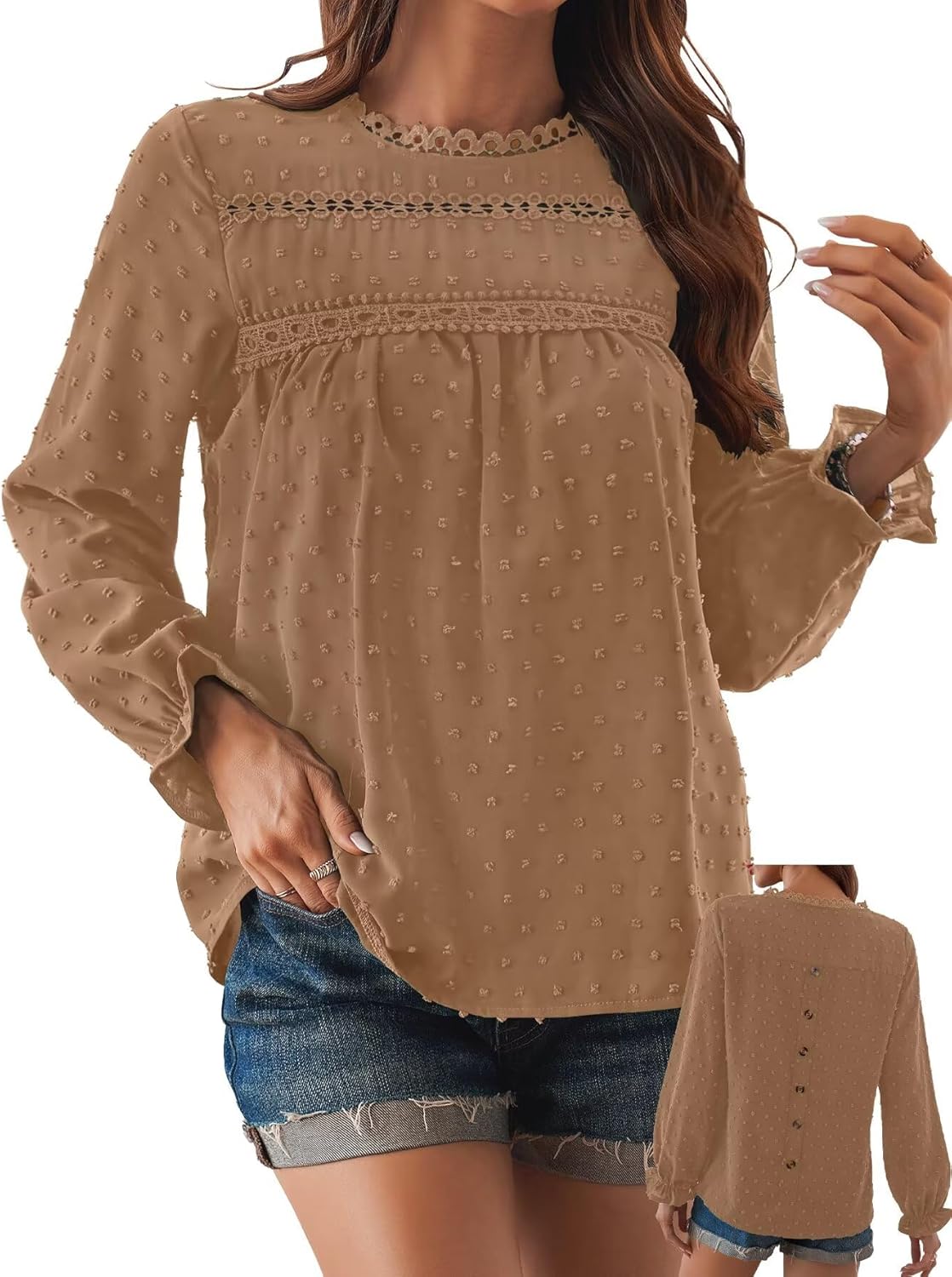 Womens Boho Tops Long Sleeve Shirts Cute Crewneck Blouse 2025