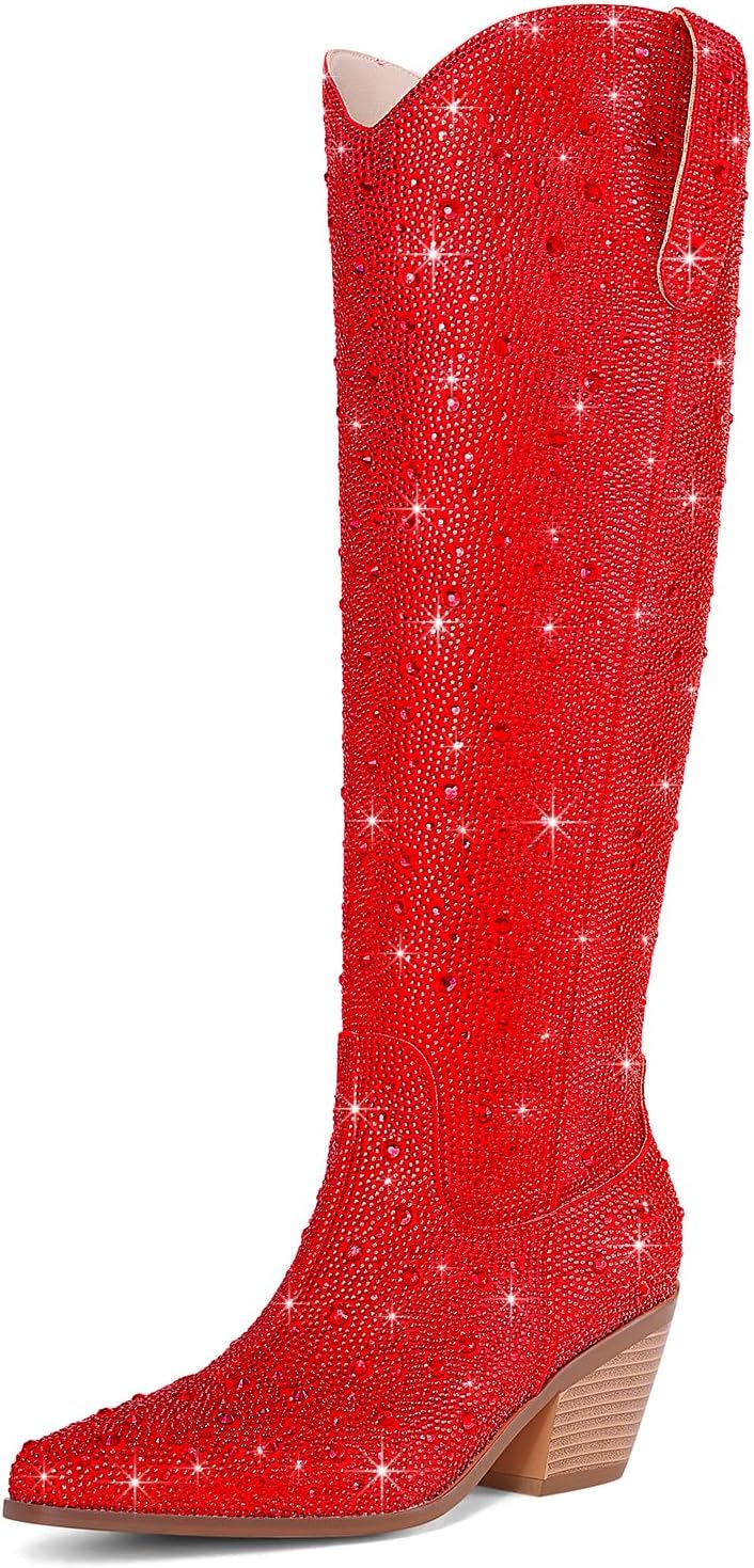 Cowgirl Ankle Boots for Women with Rhinestones and Chunky Heel