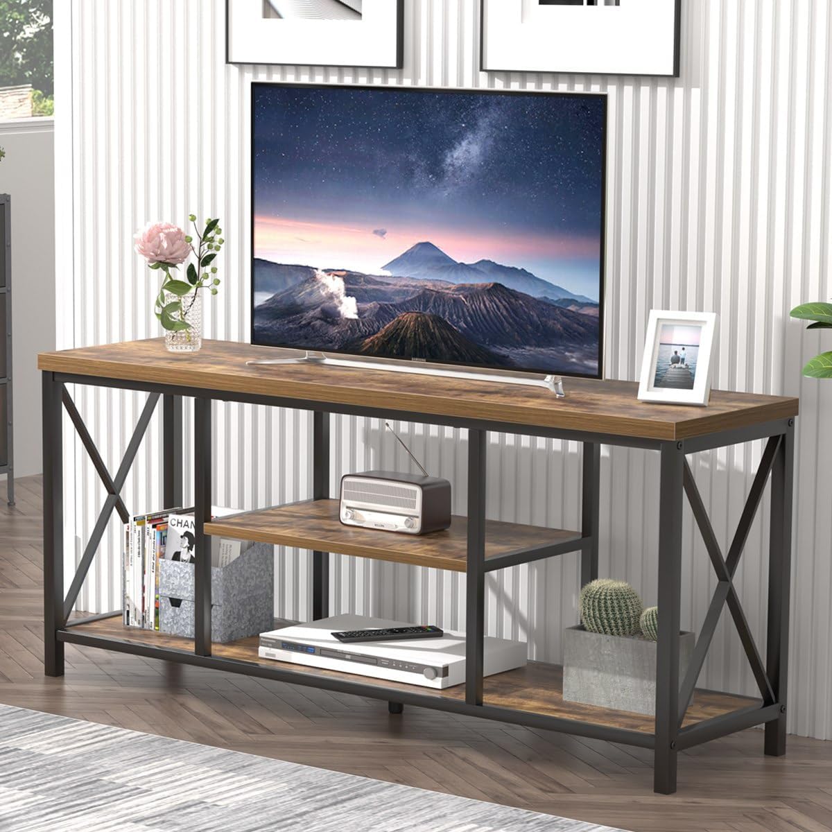 Industrial TV Stand w/ Storage Shelves - Rustic Brown