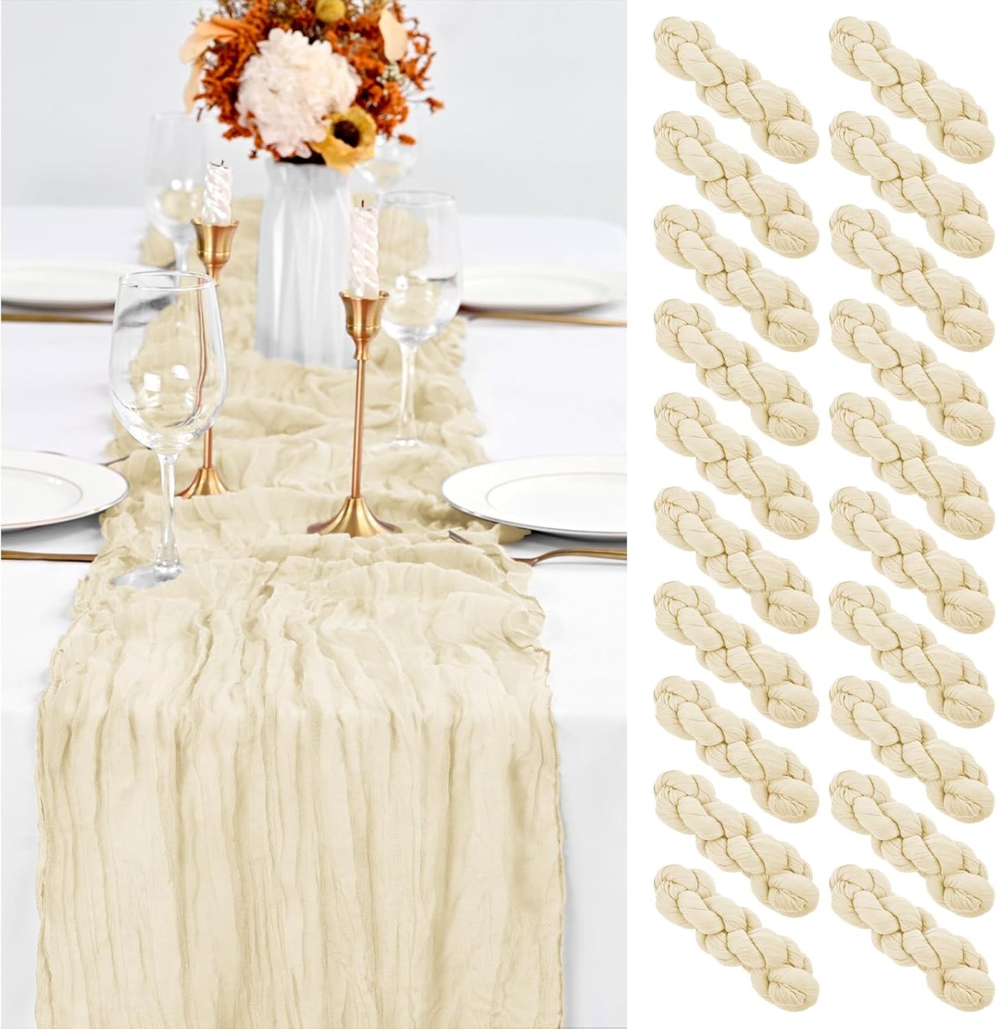 20 Pack Ivory Table Runner for Weddings and Parties - 10Ft Long