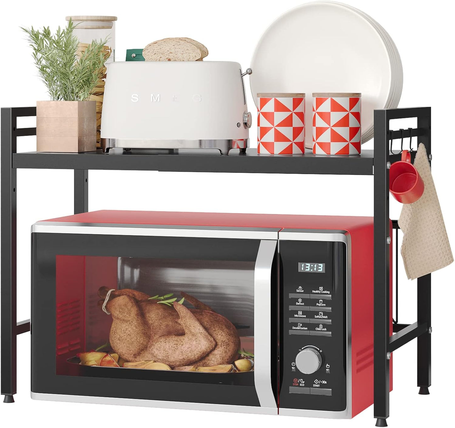 NETEL 2 Tier Microwave Stand with 8 Hooks - Space-Saving Organizer!
