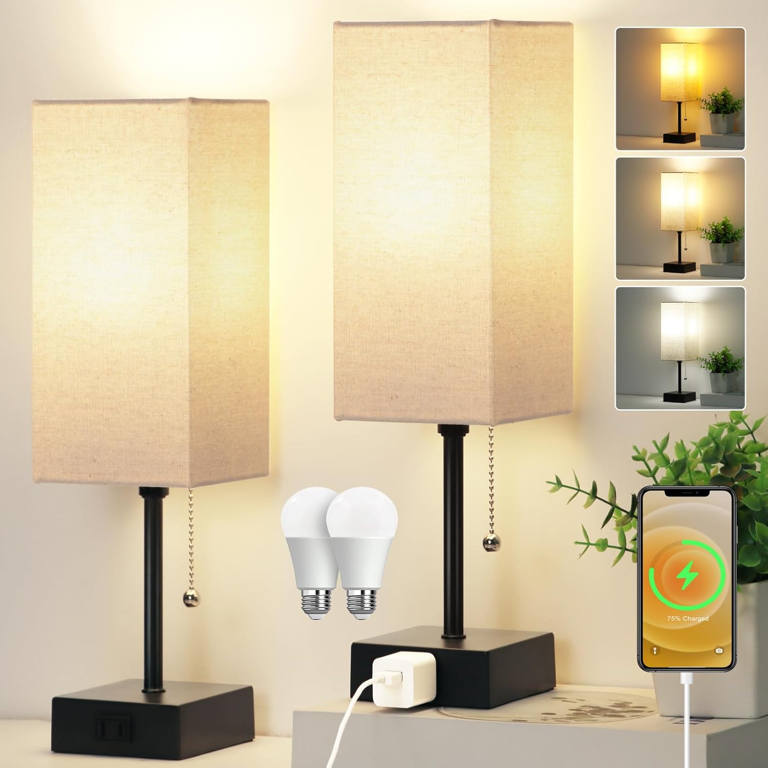 Set of 2 Bedroom Table Lamps with AC Outlet & Night Light by Dott Arts