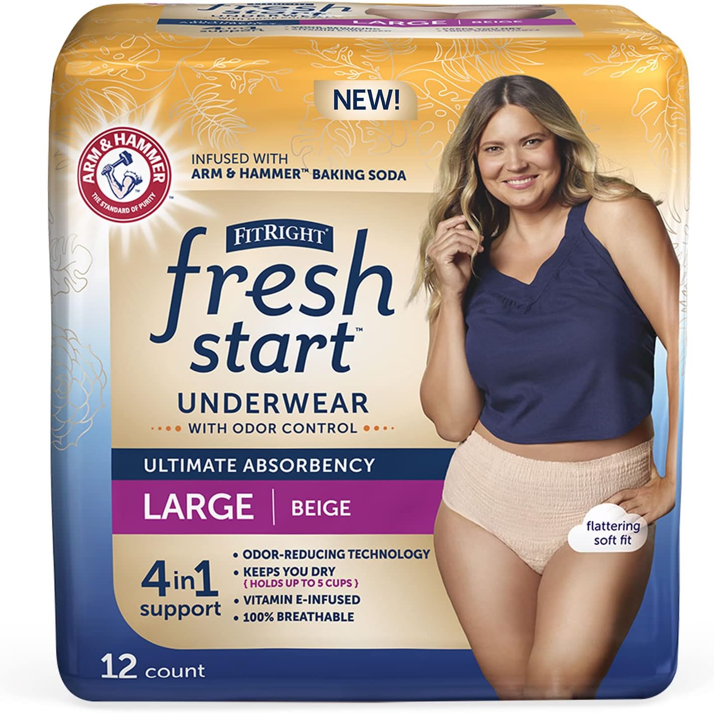 FitRight Fresh Start Large Beige 12ct, Ultimate Absorbency with ARM & Hammer Odor Control