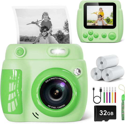 Instant Print 20MP Kids Camera + Paper & 32GB Card - Green