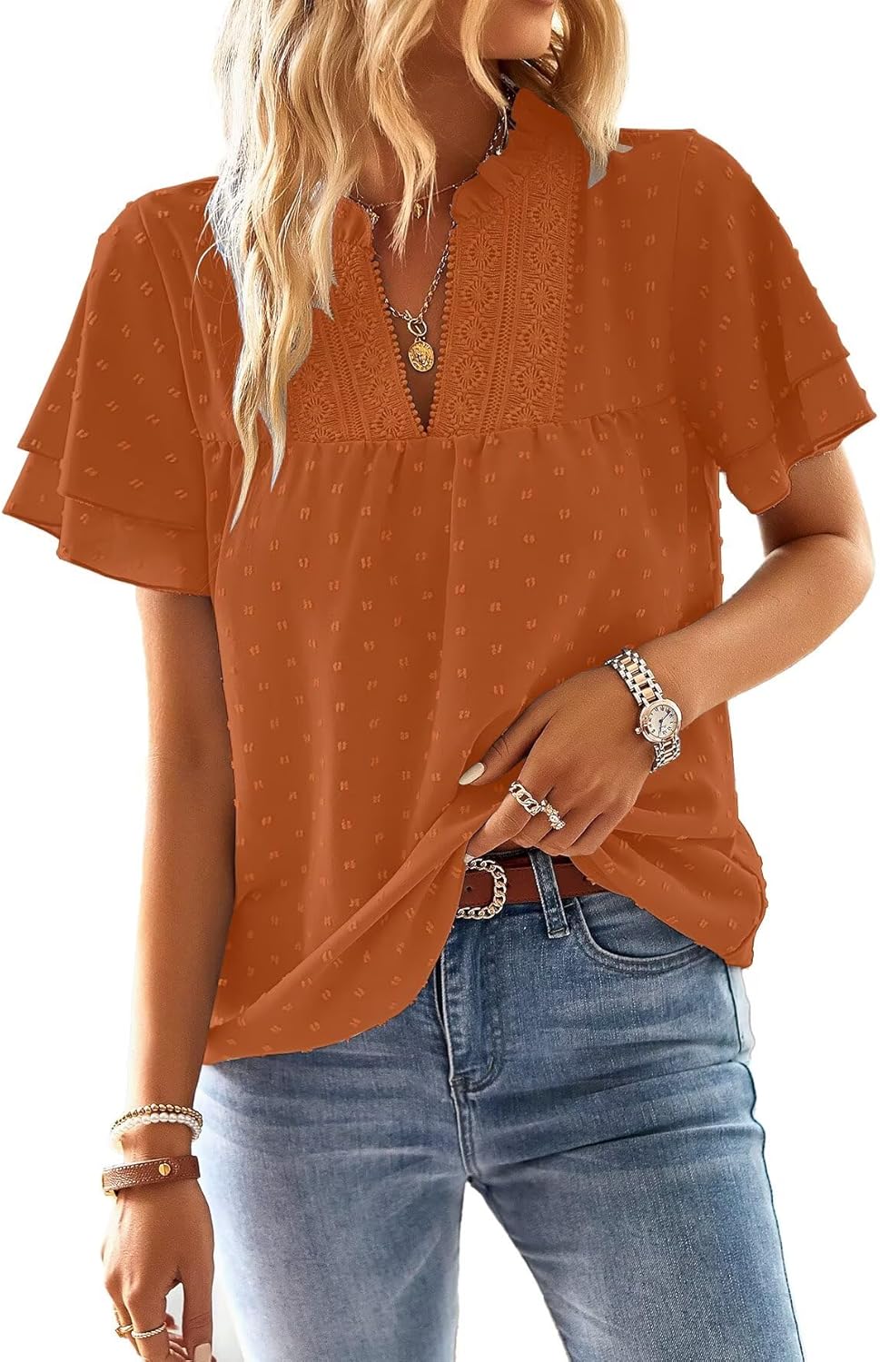 Womens Tops Butterfly Sleeve V Neck Blouses for Dressy Casual Wear