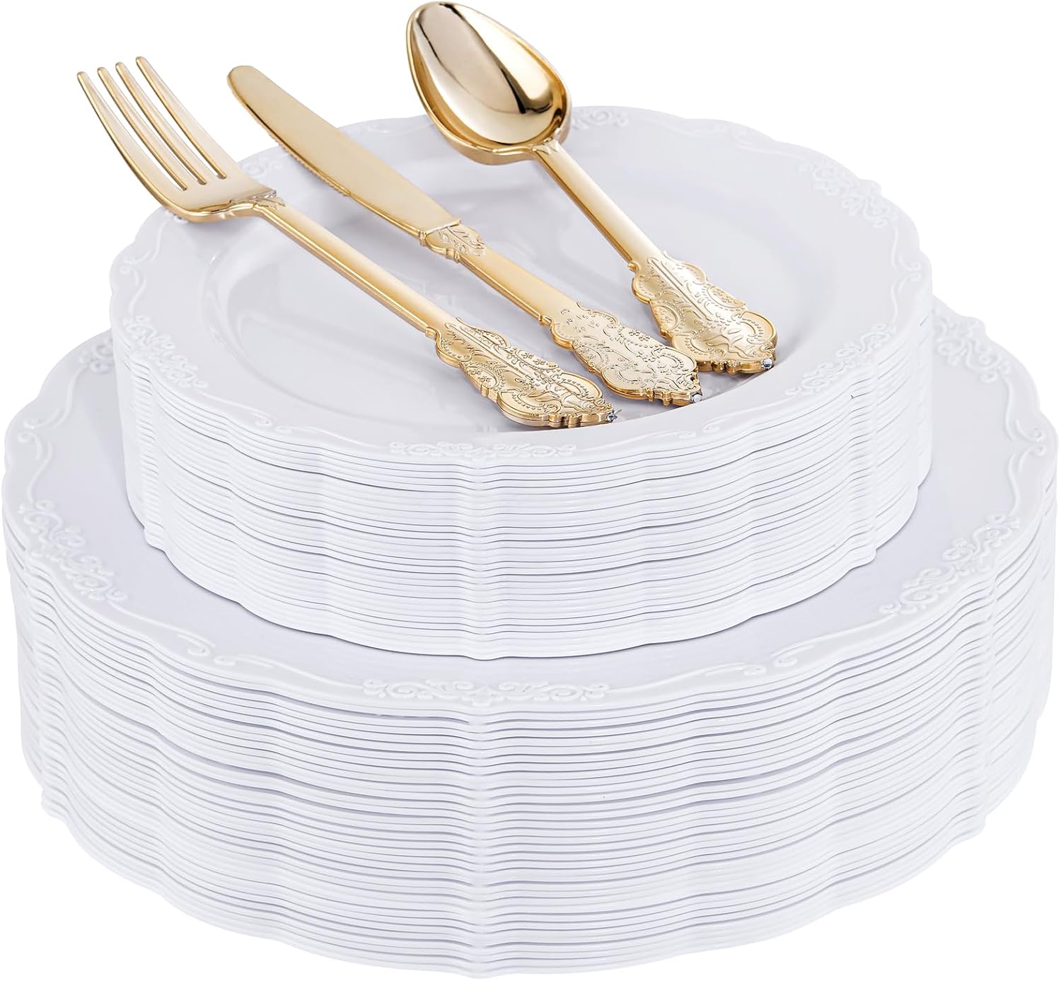 Elegant White Disposable Plates & Gold Cutlery Set for Parties