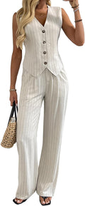 Women's 2 Piece Linen Vest and Wide Leg Pants Set (Style M12Q)