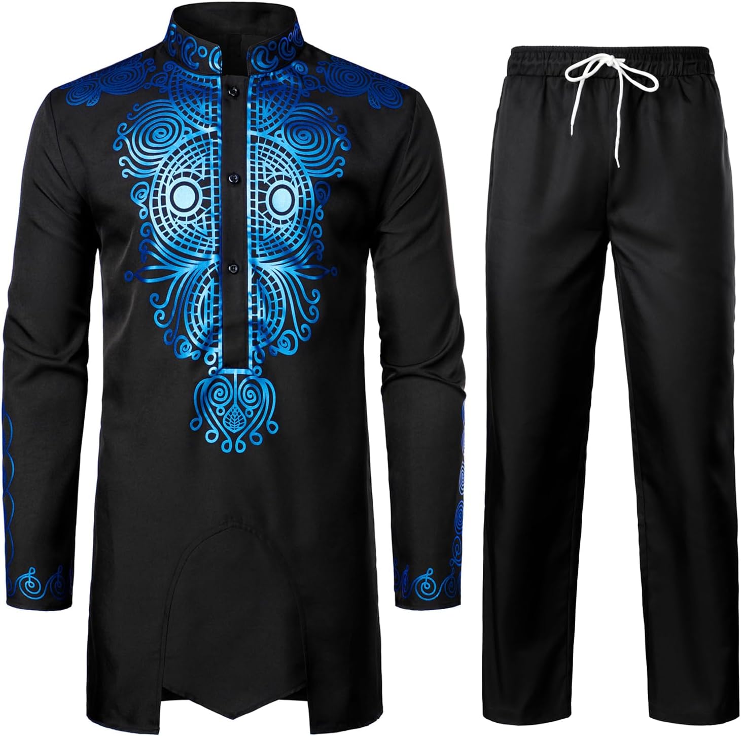 ZEROYAA Men's Africa Suit Long Sleeve Print Dashiki Outfit Set