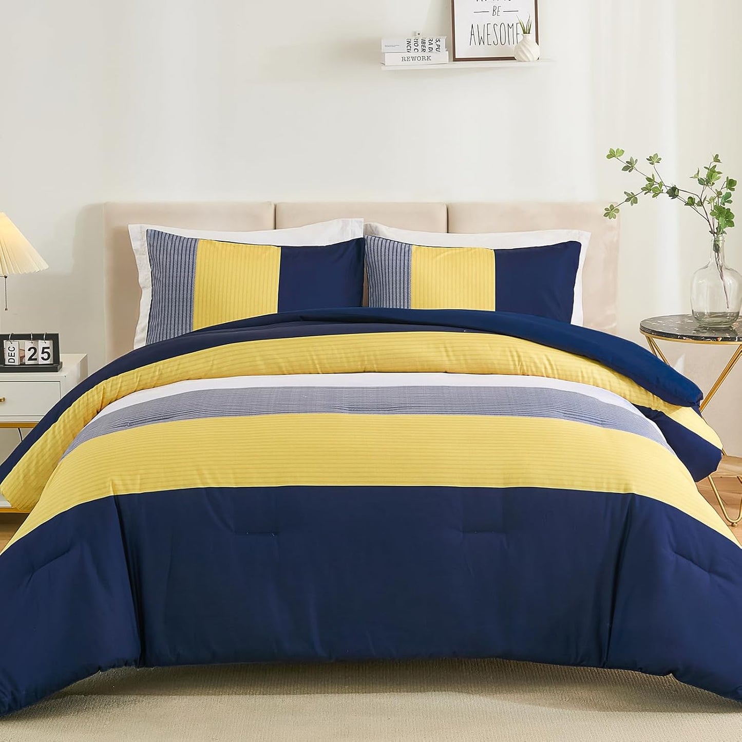 WONGS BEDDING King Comforter Set, Reversible Blue Striped Design