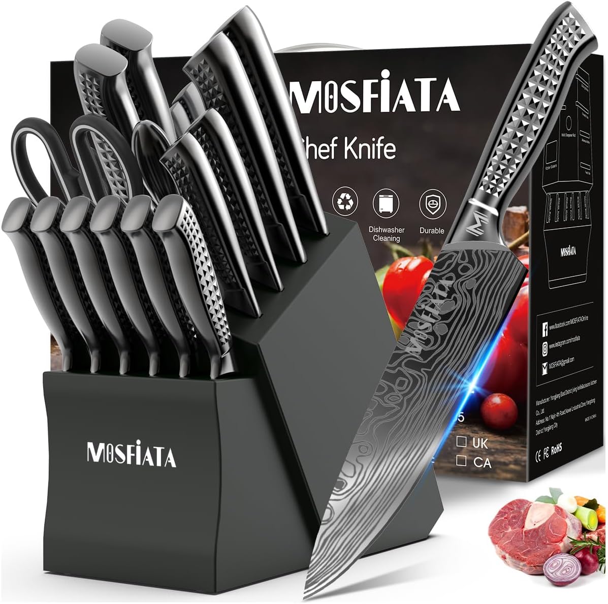 MOSFiATA 17-Piece Kitchen Knife Set with Block and Sharpener