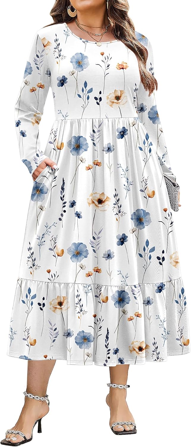 Plus Size Long Sleeve Maxi Dress with Pockets for Women